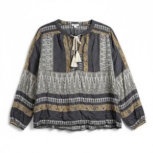 Dylan Peasant Blouse Medium Grey Mustard Paisley Tassel Tie Boho